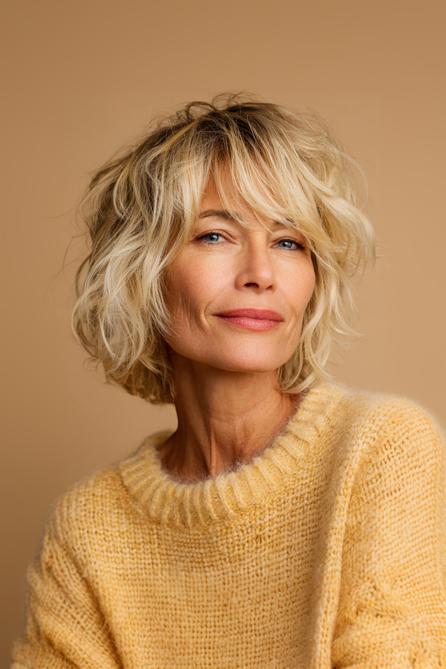 25. Sonnenlicht goldener Shag Bob (kurze zottelige Frisuren für Frauen über 60) - kurze zottelige Frisuren für Frauen über 60