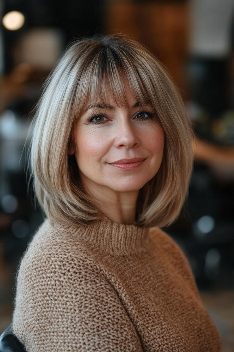 25. Tapered Midi mit gewölbten Pony in Bronze Beige (Haarschnitte für Frauen über 60 mit Pony) - Haarschnitte für Frauen über 60 mit Pony