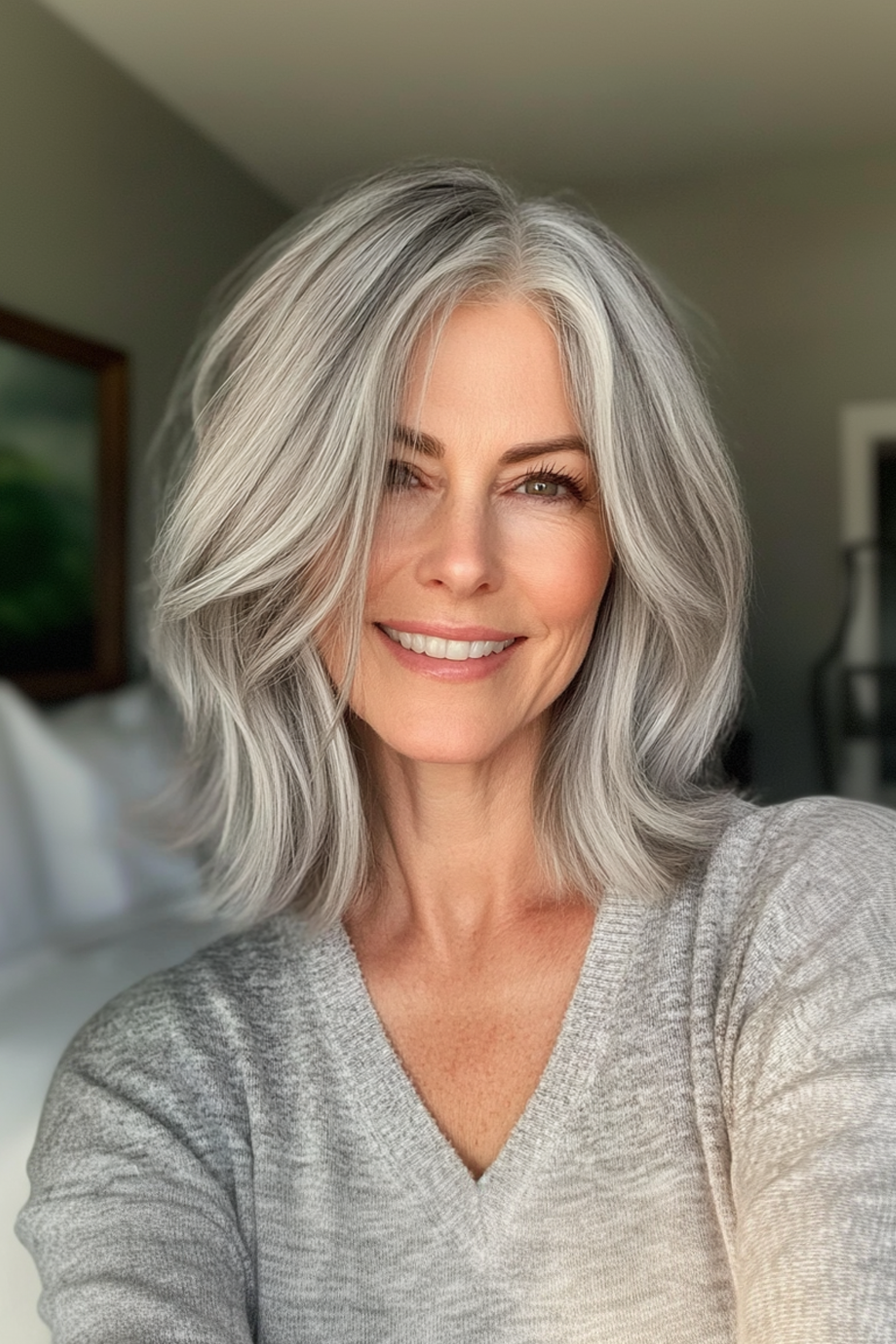 25. strukturierte Schultergeschnitten mit Gletschertönen (Frisuren für ältere Frauen mit grauem Haar) - Frisuren für ältere Frauen mit grauem Haar