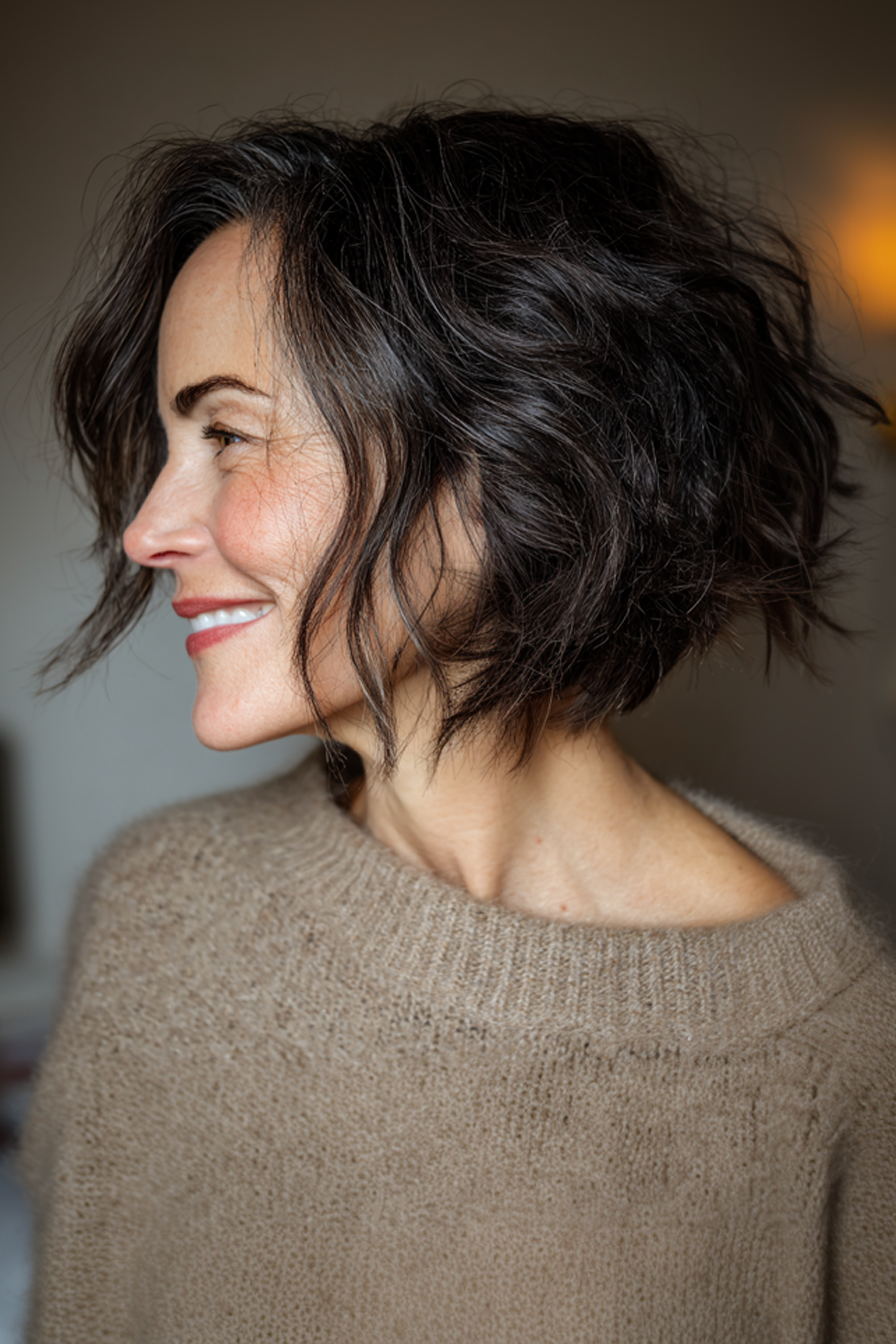 25. Zerzauster Bob mit dunklen Espresso-Ansätzen (Unordentliche Frisuren für Frauen über 50) – Unordentliche Frisuren für Frauen über 50