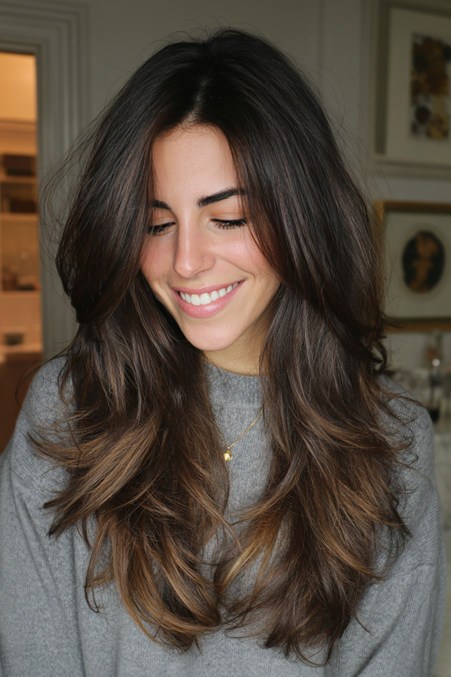 25. Voluminöse Schichten mit Espresso-Hazelnut-Verblassen (geschichtete Haarschnitte für Frauen)-geschichtete Haarschnitte für Frauen