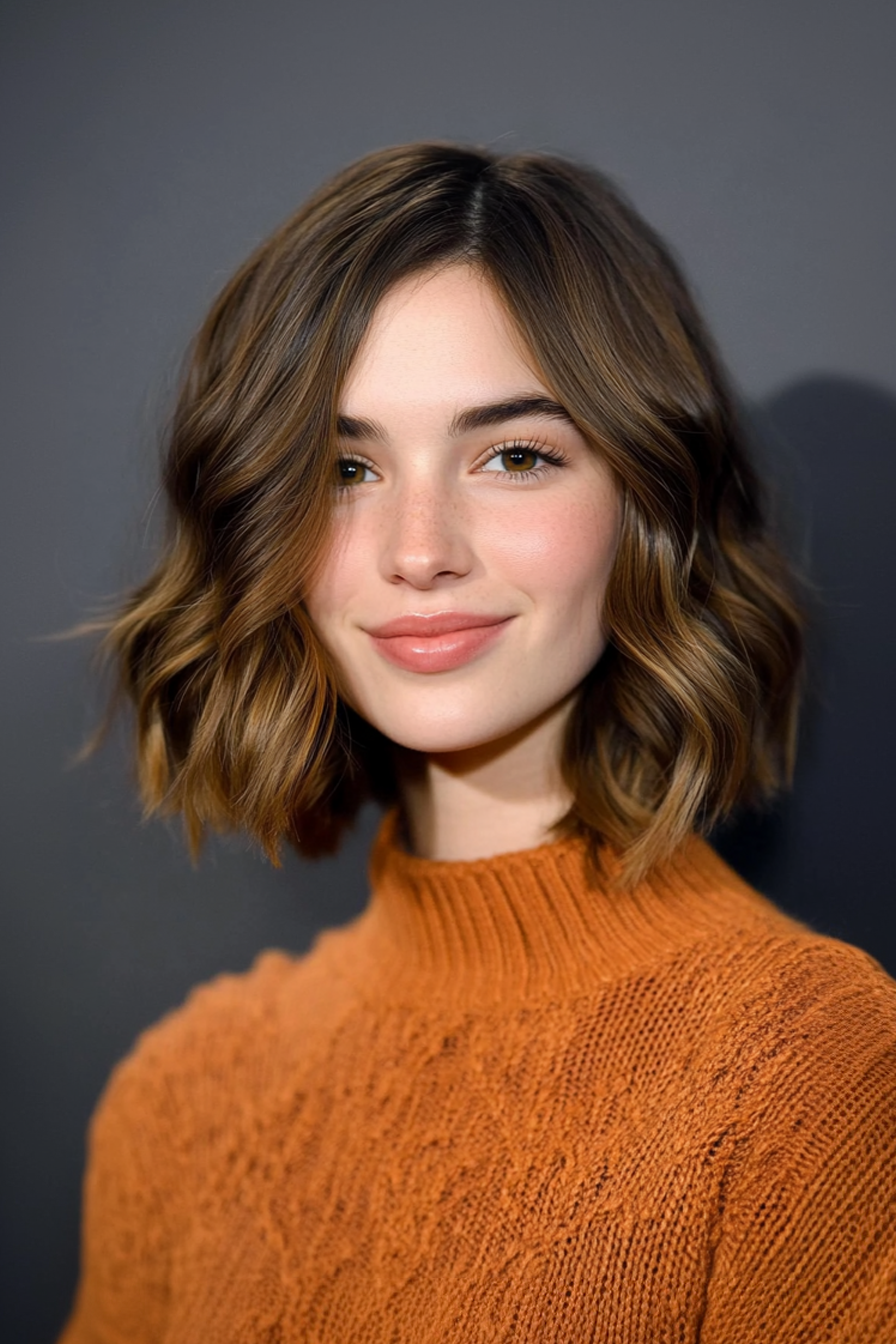 25. Wellenkolarbone Bob mit bernsteinfarbenen Farbtönen (Haarbeinlängenhaarschnitte) - Hackerlänge mit Trottel