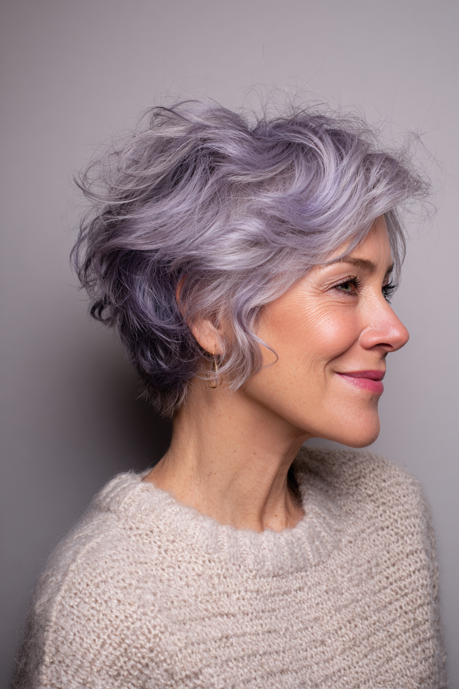 25. Wellenpixie mit Flilac Grey Wash (Sommerfrisuren für Frauen über 50) - Sommerfrisuren für Frauen über 50