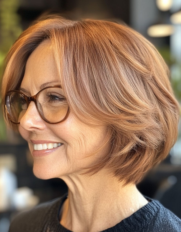 Warmer Auburn Bob, kurzer Haarschnitt für Frauen über 60 mit Brille