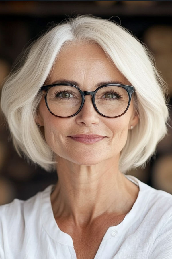 Klassiker Platinblond Bob, Bob Haarschnitt für Frauen über 60 mit Brille