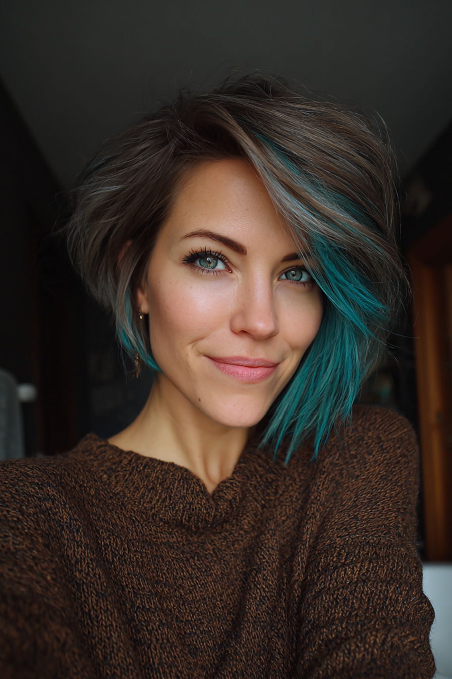 26. Abgled Bob mit blaugrüner Peekaboo -Farbe (moderne Frisuren für Frau über 40) - Moderne Frisuren für Frau über 40