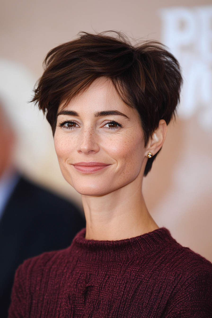 26. Asymmetrische Pixie in Mulberry Brown (beste kurze Haarschnitte für Frauen über 50) - beste kurze Haarschnitte für Frauen über 50