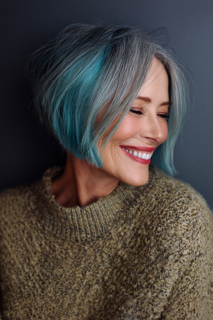 26. Bob mit blaugrünem Peekaboo (kantige Haarschnitte für Frauen über 50) - kantige Haarschnitte für Frauen über 50