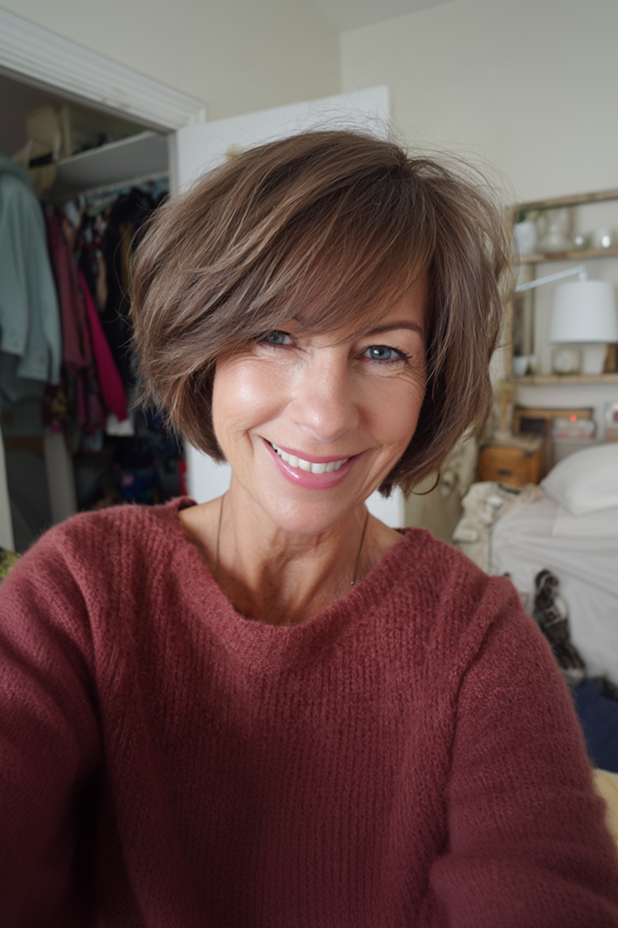 26. gebogener, geschichtter Bob in weicher Mokka (geschichtete Bob -Frisuren für Frauen über 50) - geschichtete Bob -Frisuren für Frauen über 50