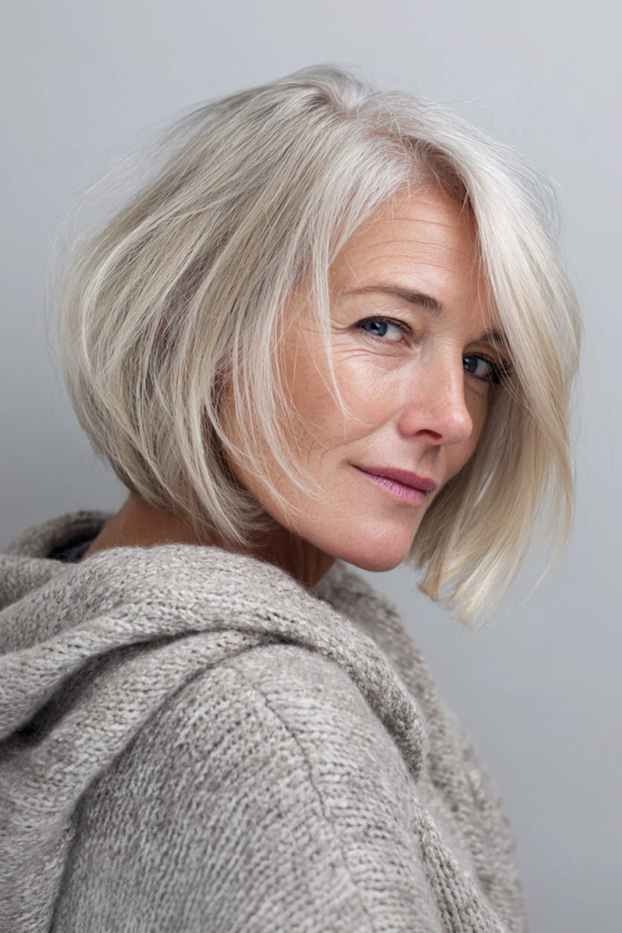 26. Zarter, rasiermesserscharfer Bob in Milchblond (kurze mittellange Frisuren für Frauen über 50) – Kurze mittellange Frisuren für Frauen über 50