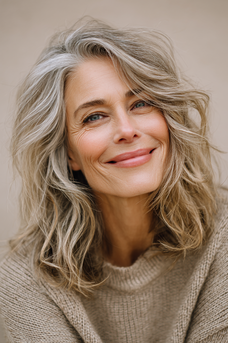 26. Mühelose Wellen mit kühlem Beige-Mix (Mittellange Frisuren für Frauen über 50 mit welligem Haar) – Mittellange Frisuren für Frauen über 50 mit welligem Haar
