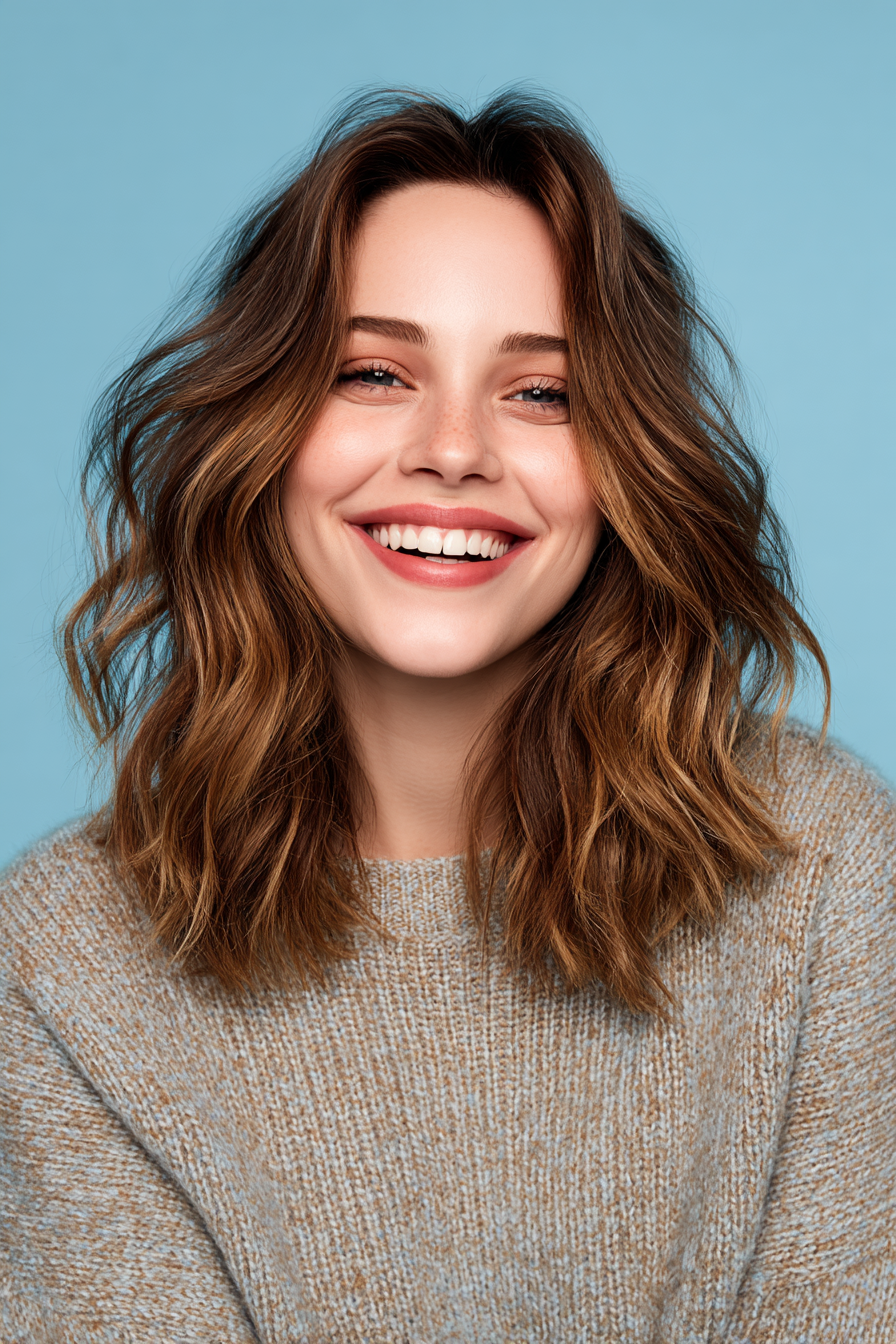 26. frei fließende Schulterwellen in Balayage -Brünette (wellige schulterlange Frisuren) - wellige schulterlange Frisuren