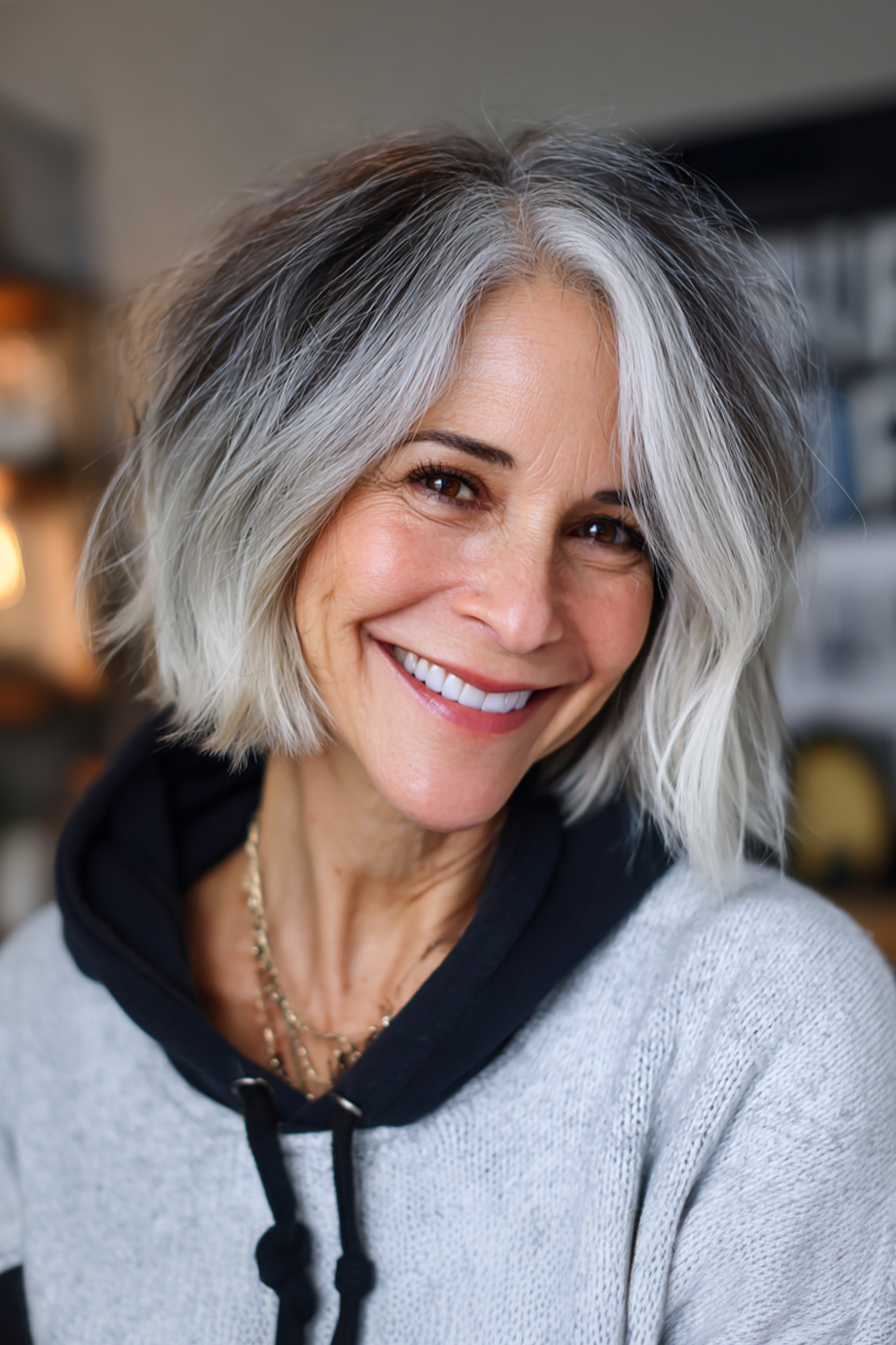 26. Absolvent geschichtetes Bob mit Dark-to-Light Ombre (kurze Bob-Haarschnitte für Frauen über 50)-kurze Bob-Haarschnitte für Frauen über 50