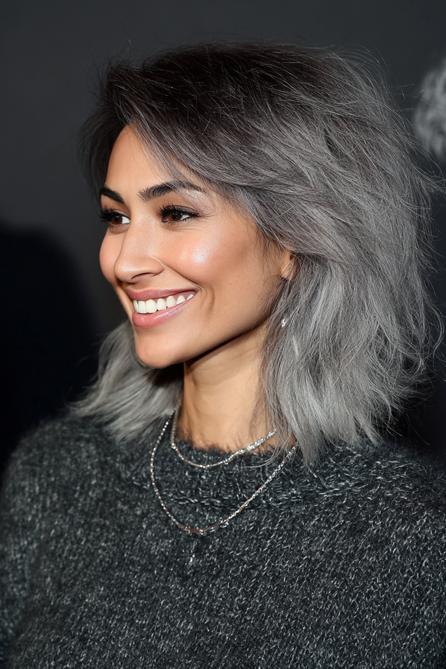 26. Grau Ombre Shaggy Lob (graue Frisuren für Frauen über 40) - graue Frisuren für Frauen über 40