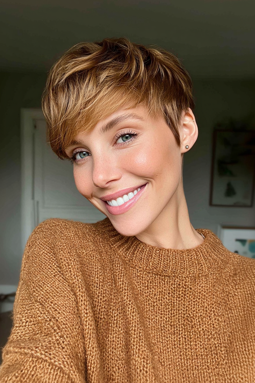 26. Layered Crop mit Mikro -Bangs - Goldener Honig (neueste kurze Haarschnitte für Frauen über 40) - Neueste kurze Haarschnitte für Frauen über 40