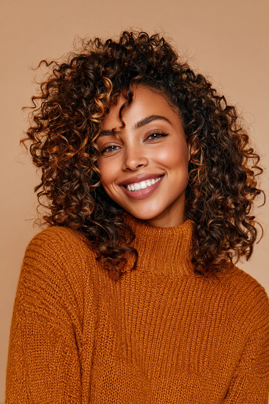 26. Mehrschichtiger lockiger mittellanger Schnitt in Espresso mit Karamellbändern (Haarschnitte für dickes Haar) – Haarschnitte für dickes Haar