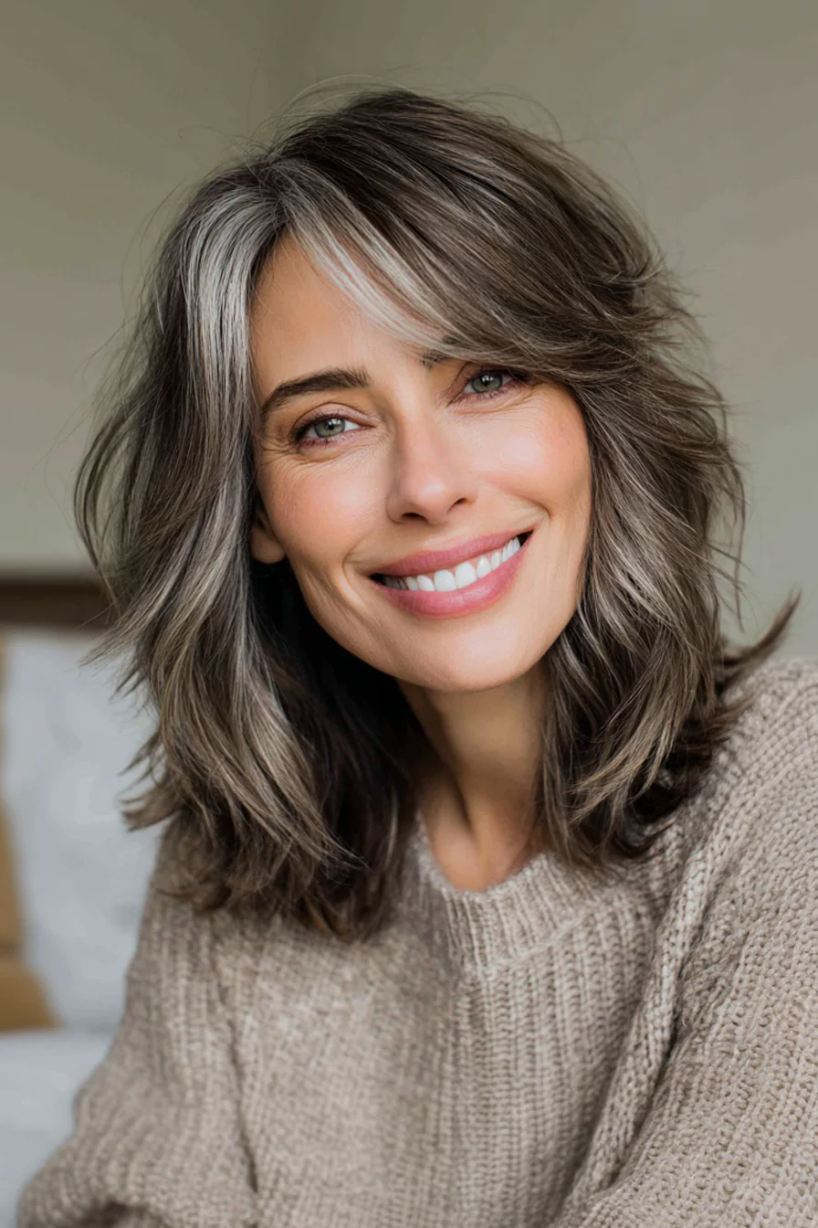 26. Mittellanger, geschichteter Shag in kühlem Pilzbraun (zottelige Haarschnitte für Frauen über 40) – Zottelige Haarschnitte für Frauen über 40