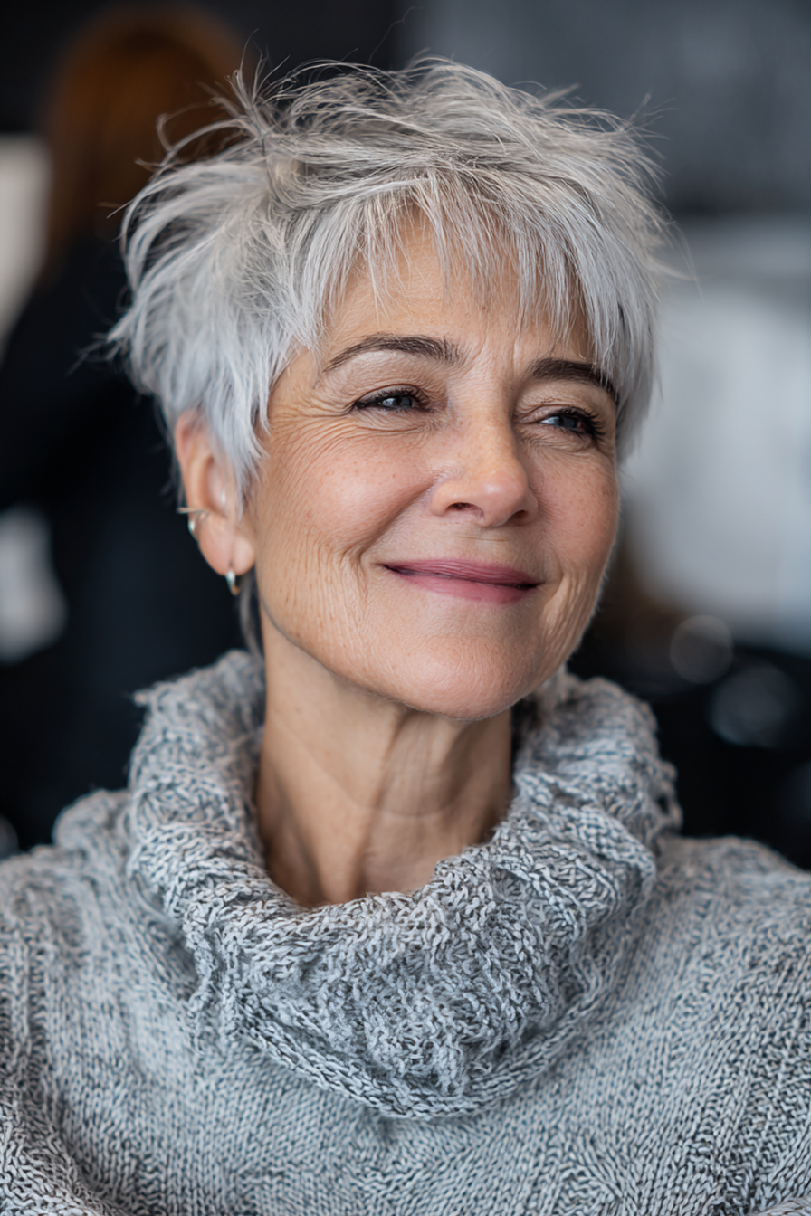 26. Layered Pixie Shag mit silbernen Highlights (Layered Pixie Haircuts For Women Over 60) – Layered Pixie Haircuts For Women Over 60
