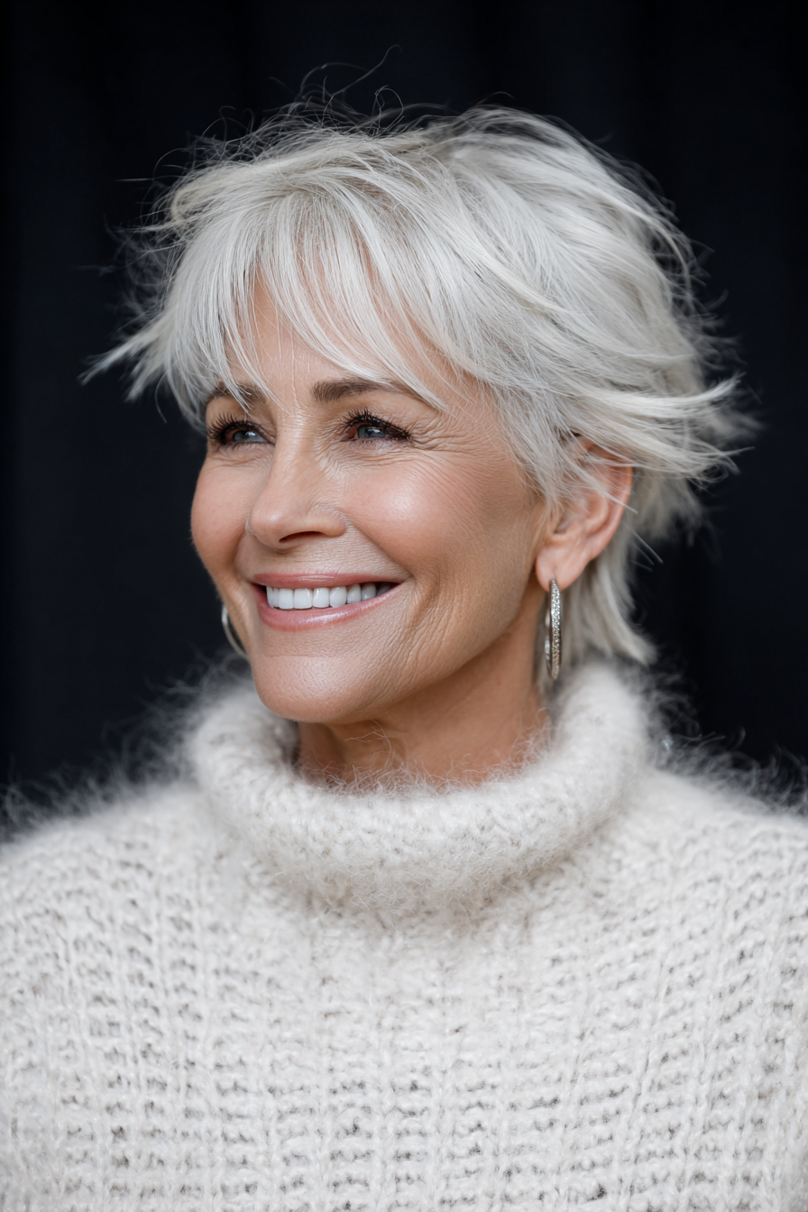 26. Layered White Shag mit Bewegung (kurze Haarschnitte für ältere Frauen mit weißem Haar) - kurze Haarschnitte für ältere Frauen mit weißem Haar