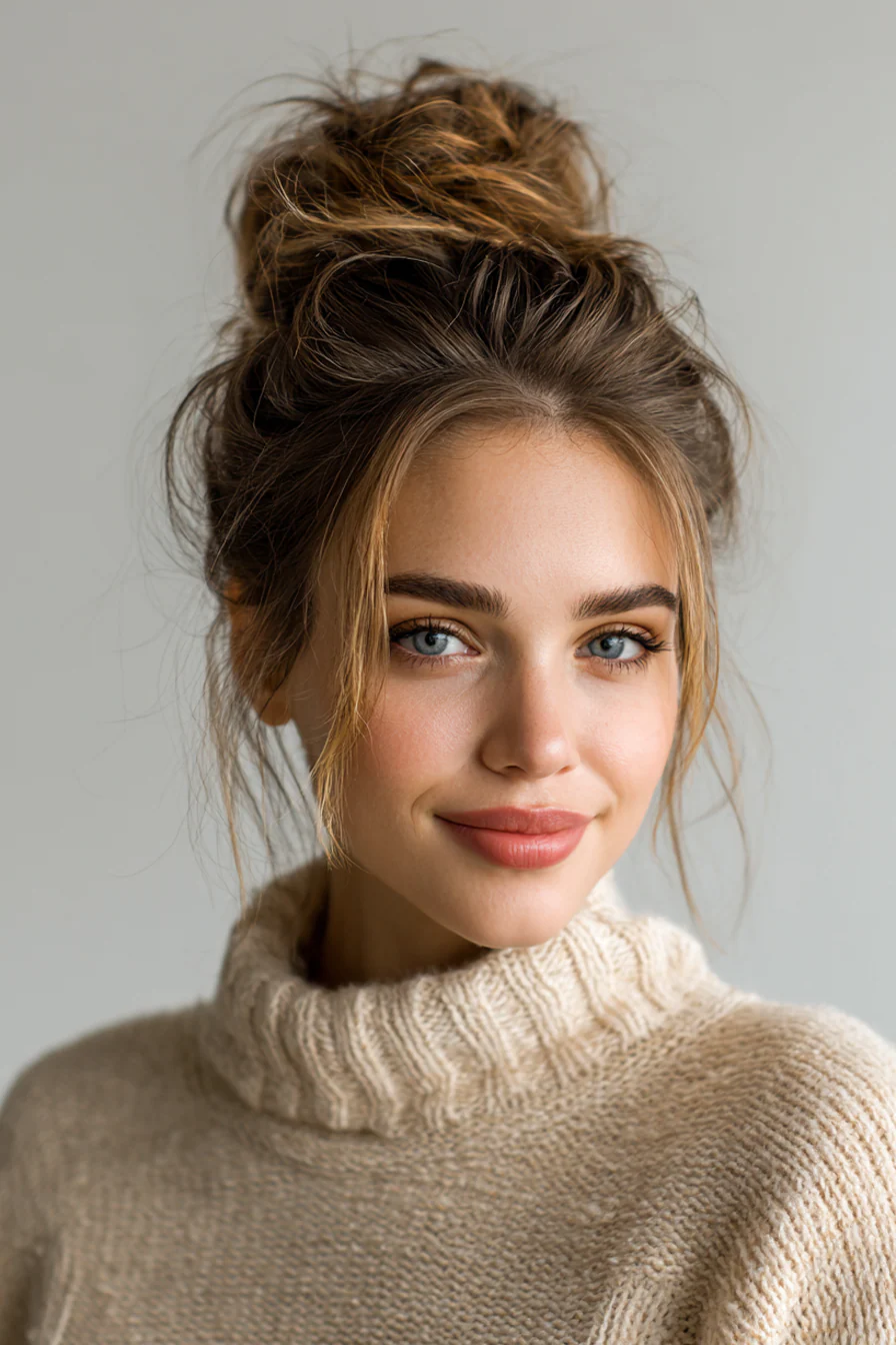 26. Lived-In Textured Bun in Neutral Brown Balayage (Brautfrisuren) – Brautfrisuren