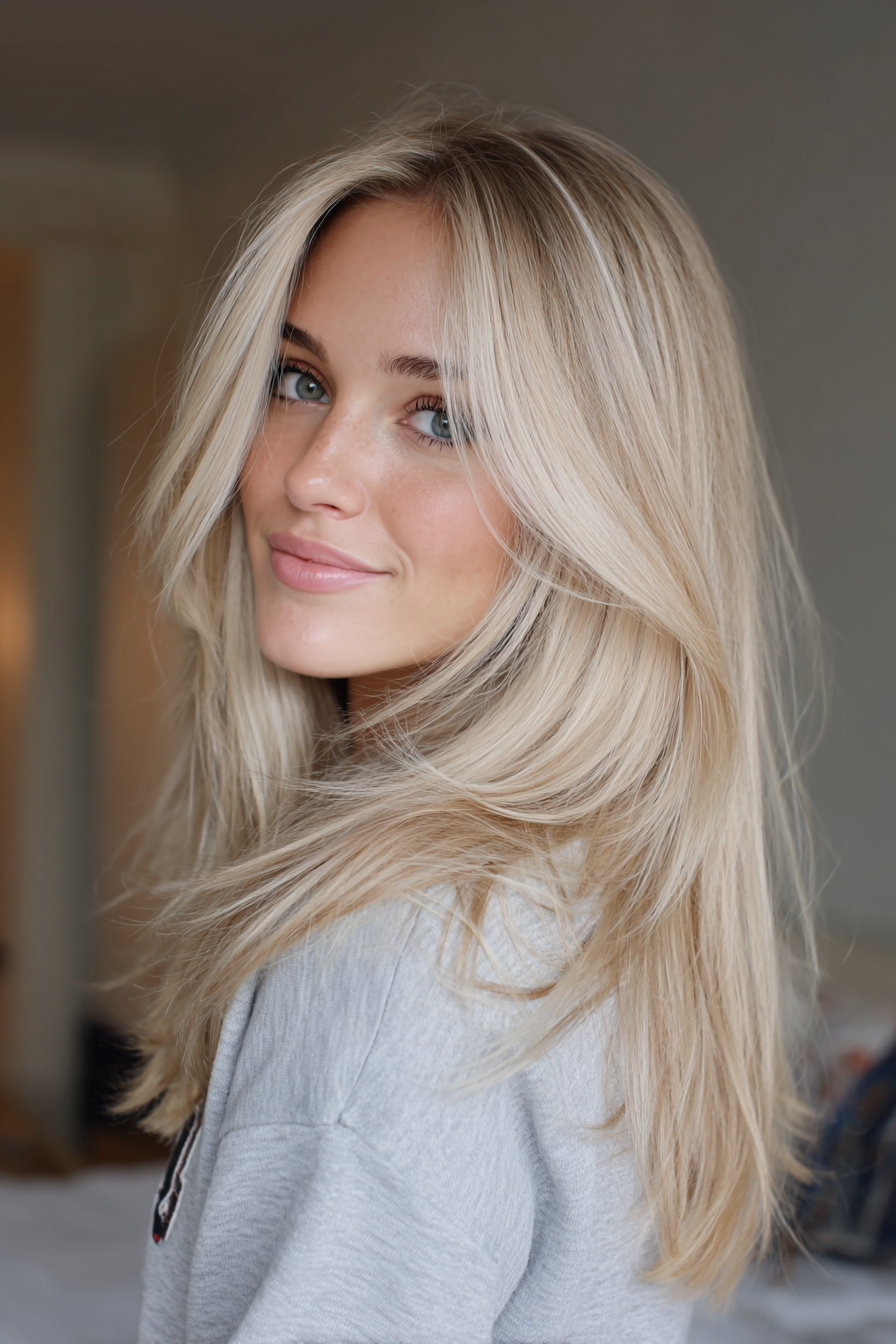 26. Lange luftige Schichten mit Perlenblonden Glanz (geschichtete Haarschnitte für Frauen) - geschichtete Haarschnitte für Frauen