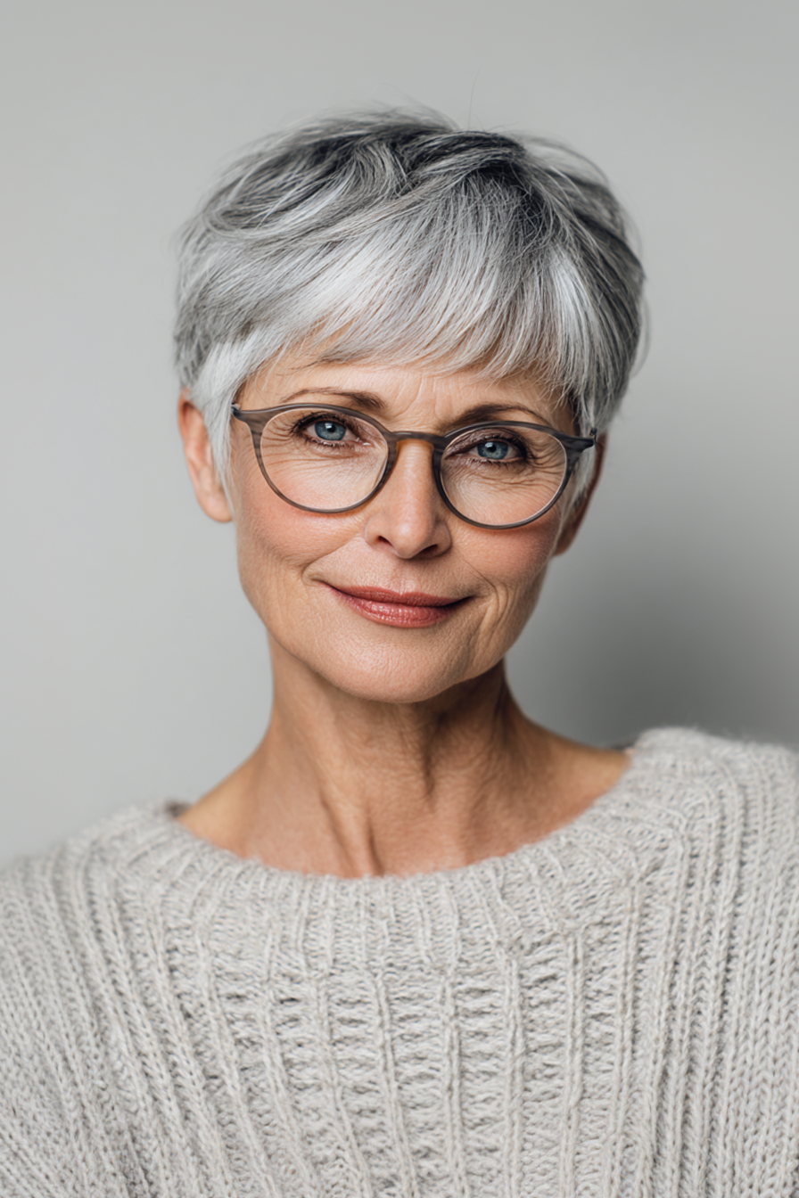 26. Natürliche graue Ernte mit wispy Fransen (kurze Frisuren für Frauen über 50 mit Brillen) - kurze Frisuren für Frauen über 50 mit Brille