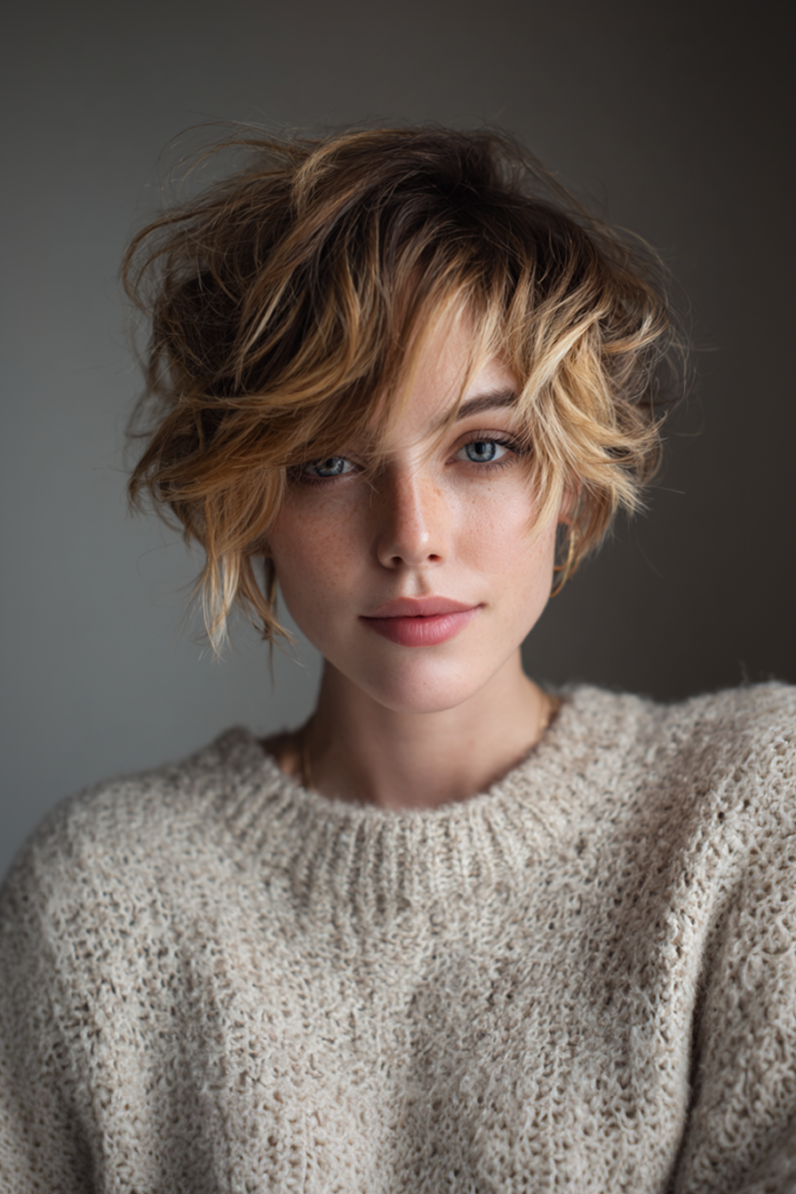 26. Shaggy Pixie mit goldenen blonden Balayage (Pixie Frisuren) - Pixie -Frisuren