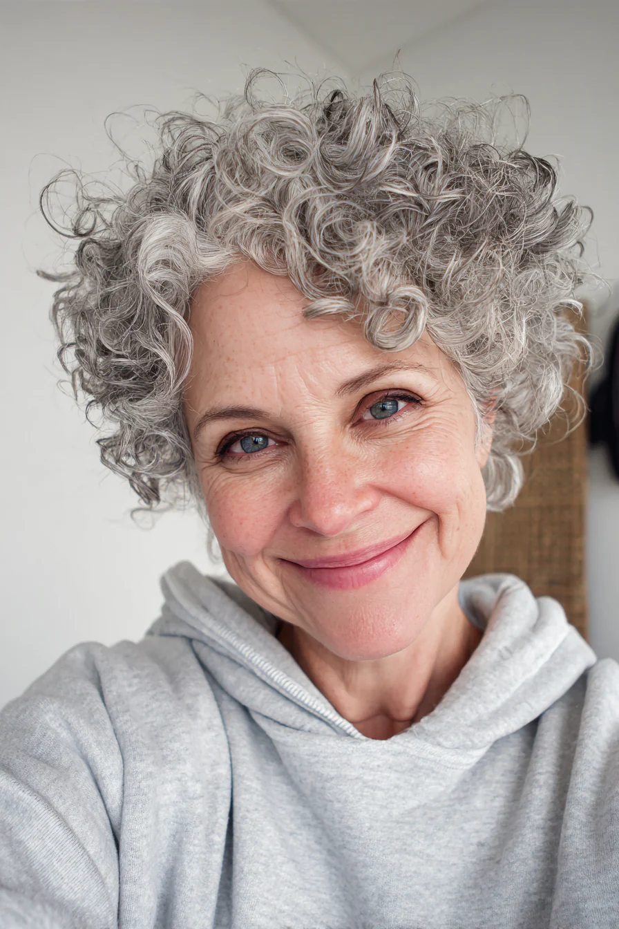 26. Kurzer, abgerundeter Lockenschnitt – Natürliches Salzgrau (Natürliche Lockenfrisuren für Frauen über 50) – Natürliche Lockenfrisuren für Frauen über 50