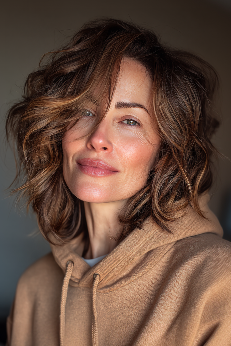 26. Schulterlanger Stufenschnitt – Soft Mocha Balayage (Mittellange Haarschnitte für Frauen über 50 mit feinem Haar) – Mittellange Haarschnitte für Frauen über 50 mit feinem Haar