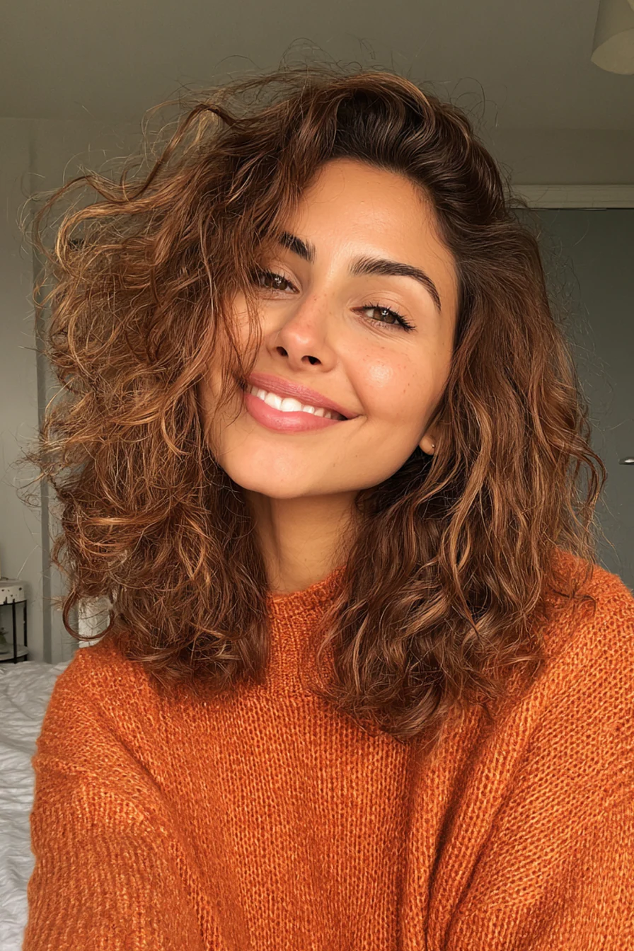 26. Schulterlanger Lockenschnitt mit langen Gesichtsschichten in weichem Rotbraun (Mittellange Haarschnitte für lockiges Haar) – Mittellange Haarschnitte für lockiges Haar