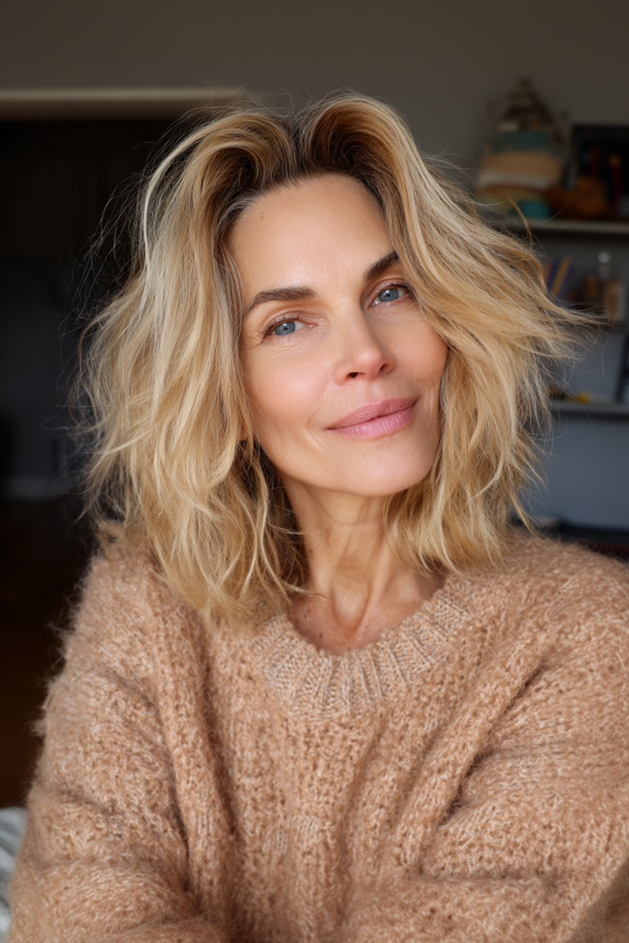 26. schulterlange zerlegte Schichten in weichem Gold (geschichtete Frisuren für ältere Frauen mit feinem Haar) - Geschichtete Frisuren für ältere Frauen mit feinem Haar