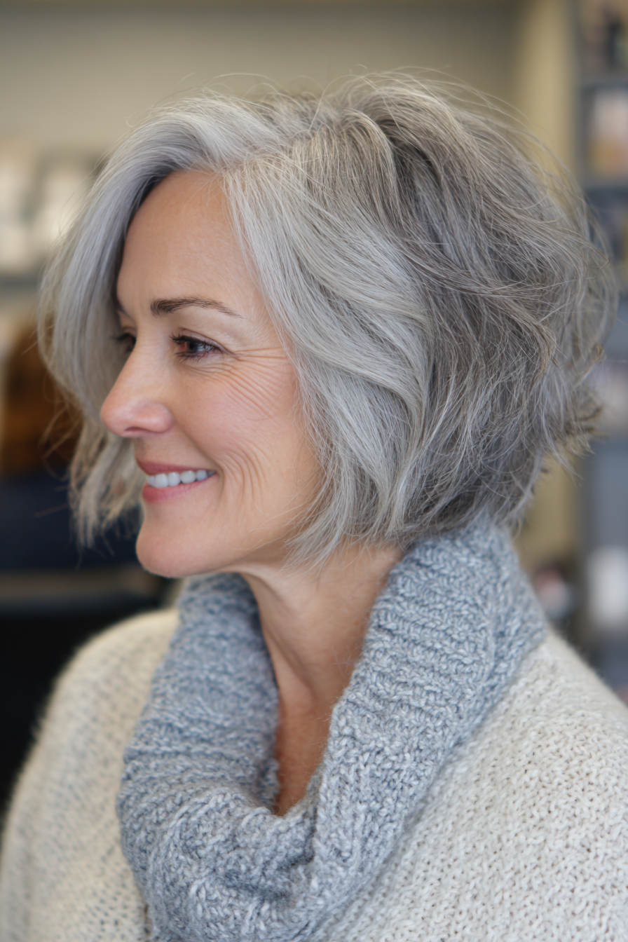 26. Smoky Silver Soft Shag Bob (Kurze Shag-Frisuren für Frauen über 60) – Kurze Shag-Frisuren für Frauen über 60