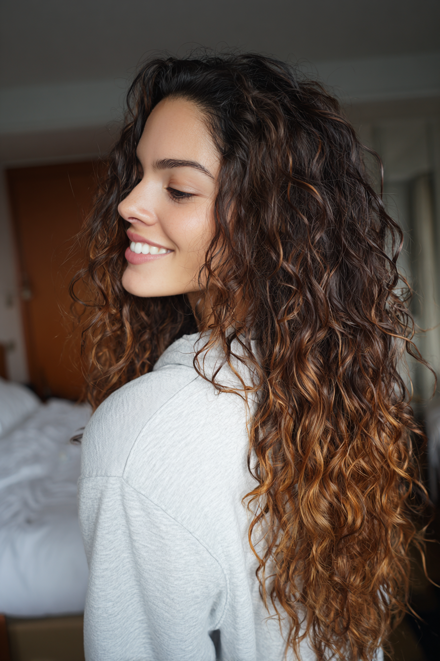 26. Spiral lockige Schichten mit Kastanien -Highlights (geschichtete Frisuren) - geschichtete Frisuren