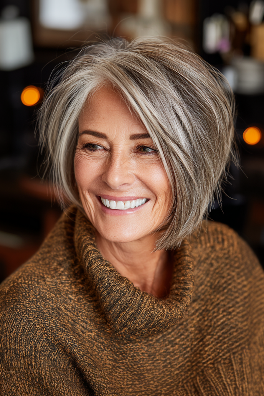 26. gestapelter Lob mit Bronze -Glanz (funkige Haarschnitte für ältere Frauen) - Funky Haarschnitte für ältere Frauen