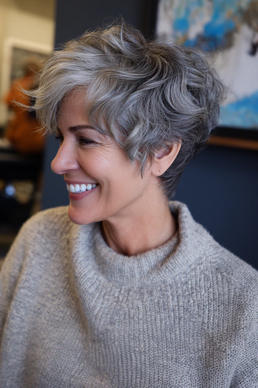 26. Gestapelter gewellter Pixie (Aschgrau) (Kurze gewellte Frisuren für Frauen über 40) – Kurze gewellte Frisuren für Frauen über 40