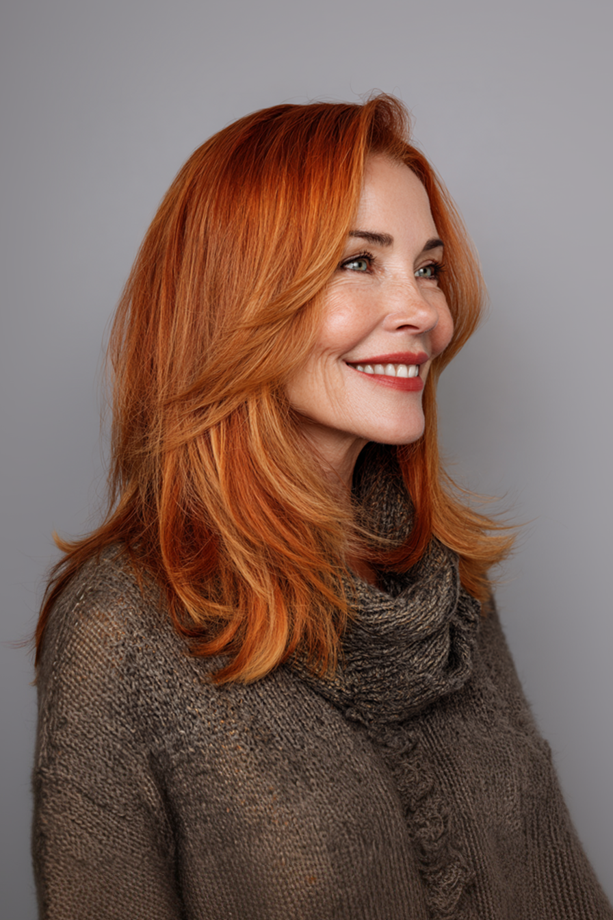 26. Sonnenbeleuchtete Kupferstromlinienschichten (längere Haarschnitte für ältere Frauen) - längere Haarschnitte für ältere Frauen