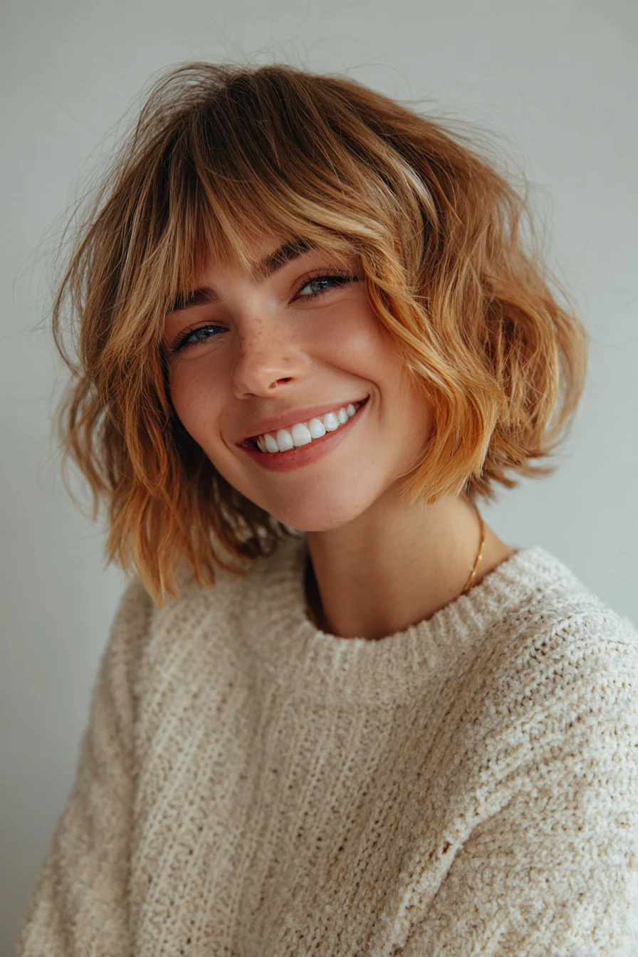 26. Zerzauster Bob mit aprikosenfarben hervorgehobenen Curtain Bangs (Bob-Frisuren mit Pony) – Bob-Frisuren mit Pony