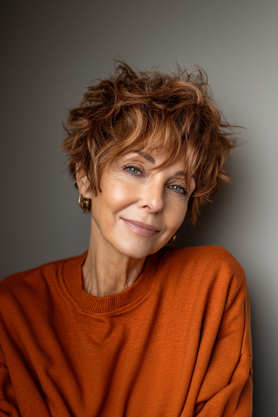 26. warme Zimt -Shag -Pixie (kurze zottelige Frisuren für Frauen über 60) - kurze zottelige Frisuren für Frauen über 60
