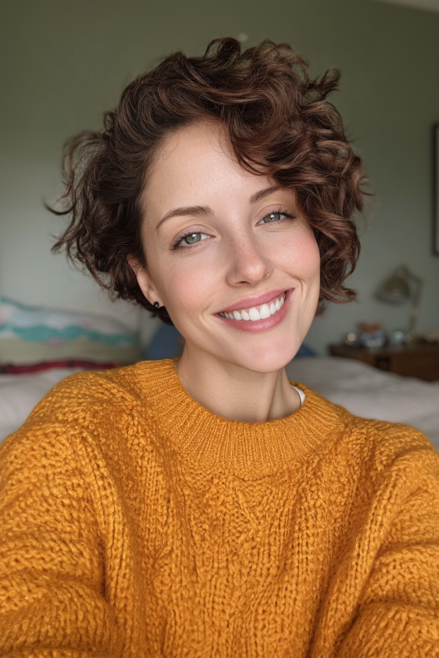 26. Wellige lockige Pixie in weicher Mahagoni (kurze lockige Frisuren für Frauen über 40) - kurze lockige Frisuren für Frauen über 40