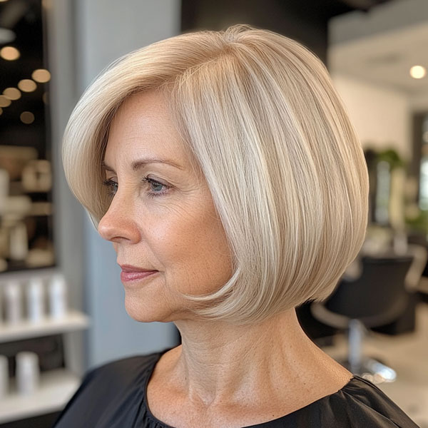 Polished Blonde Bob, Bob Haarschnitt für Frauen über 60, Bob Frisur für Frau über 60