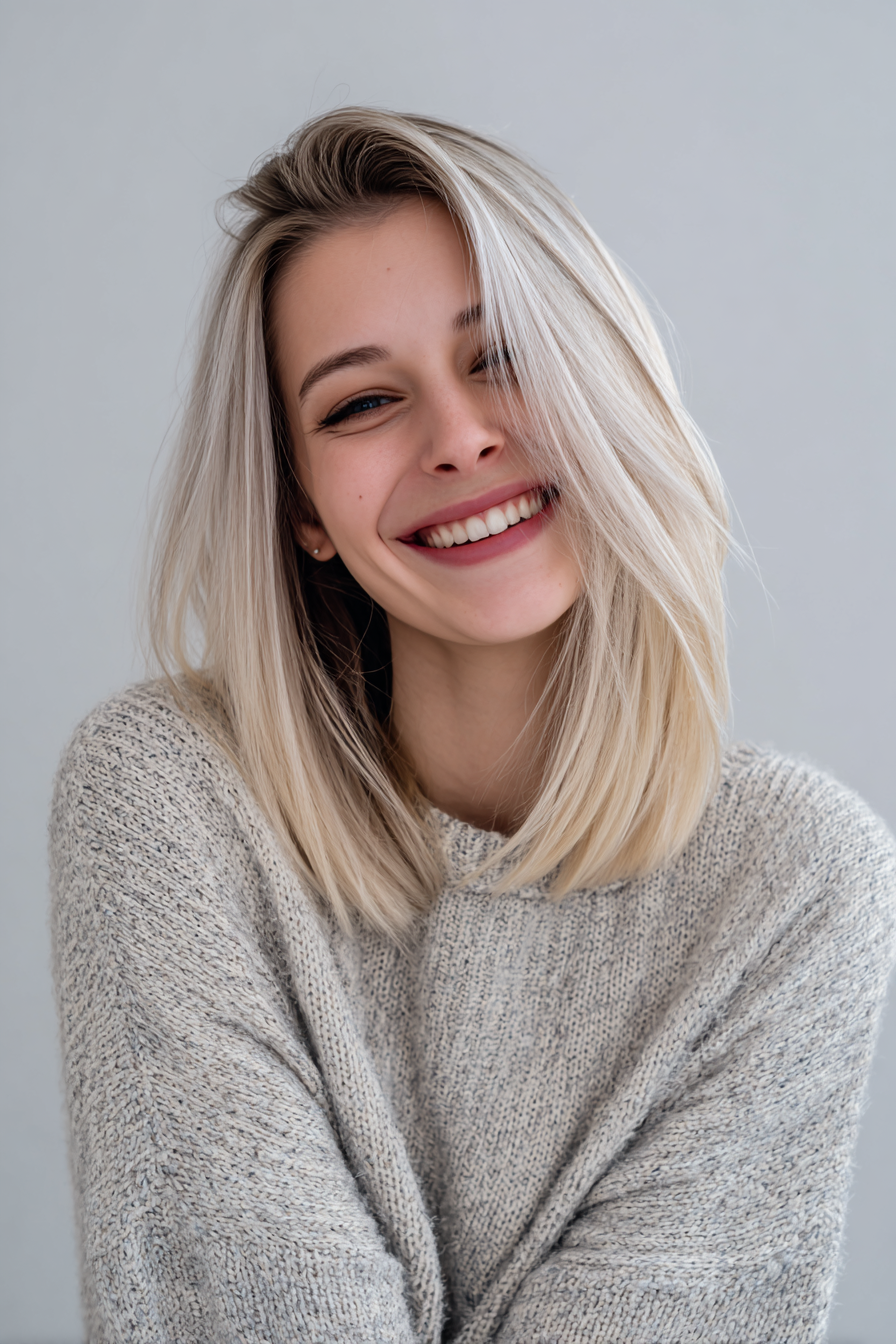 27. Abgewinkelter Lob mit Perlenasche-Highlights (Haarschnitte für glattes Haar) – Haarschnitte für glattes Haar