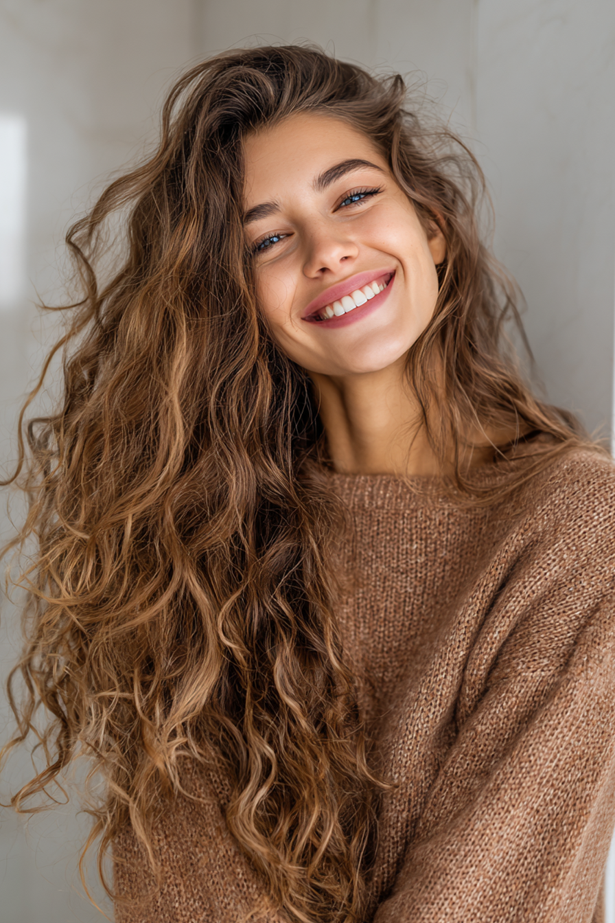 27. Kronenliftschichten mit staubigem Karamell (lange Haarschnitte für lockiges Haar) - lange Haarschnitte für lockiges Haar