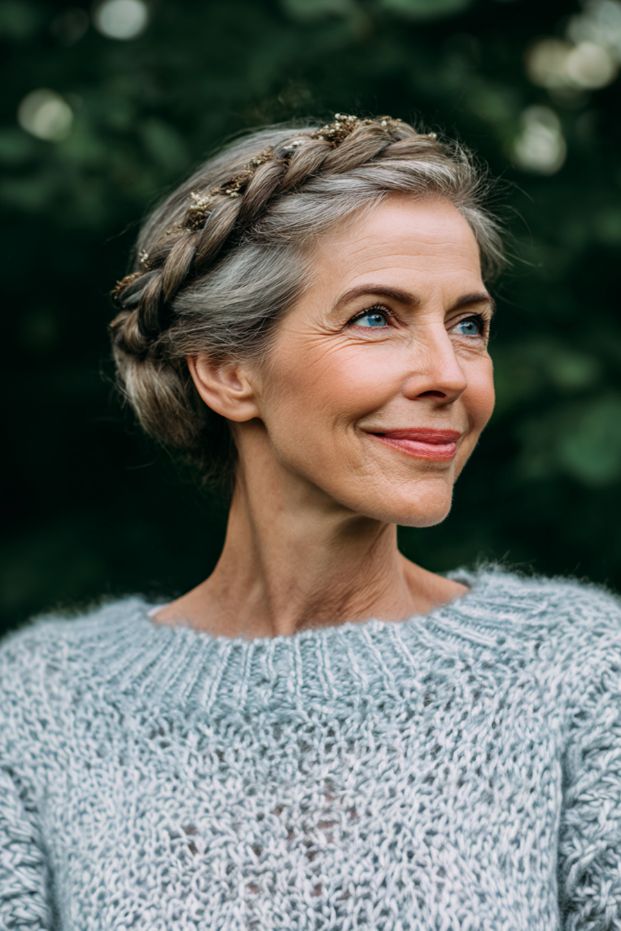 27. Elegante brünette geflochtene Krone (Hochzeitsfrisuren für Frauen über 60) - Hochzeitsfrisuren für Frauen über 60