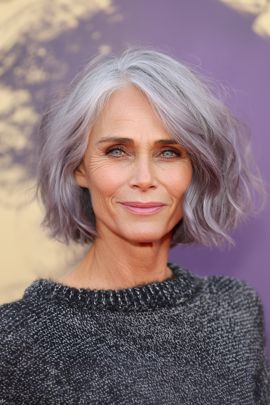 27. Gentle Wave Bob mit Lavendelgrau -Spülung (Kinnlänge Haarschnitte für ältere Frauen) - Haarschnitte für ältere Frauen kinnlänge