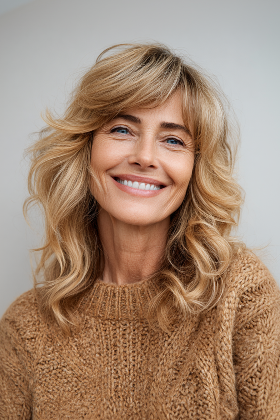 27. Golden Blonde gefiederte Schichten (Herbsthaarschnitte für Frauen über 50) - Herbsthaarschnitte für Frauen über 50