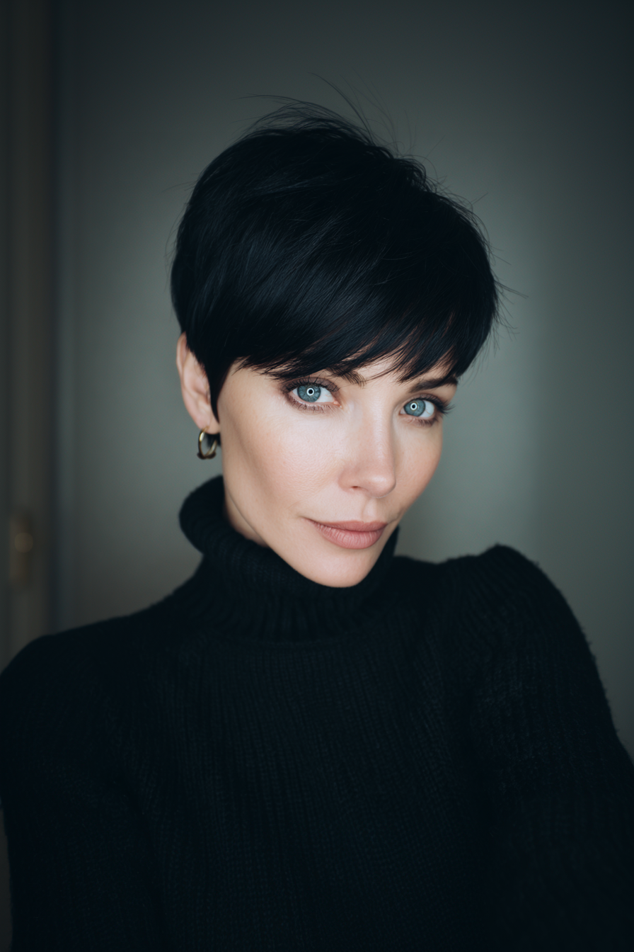 27. Jet Black Sleek Pixie (sehr kurze Frisuren für Frauen über 50) - Sehr kurze Frisuren für Frauen über 50