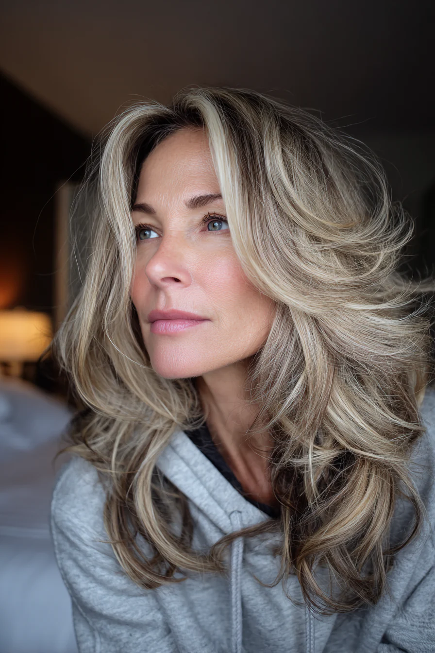 27. Lange geschichtete blonde Strähnchen (Edle Frisuren für Frauen über 50) – Edle Frisuren für Frauen über 50