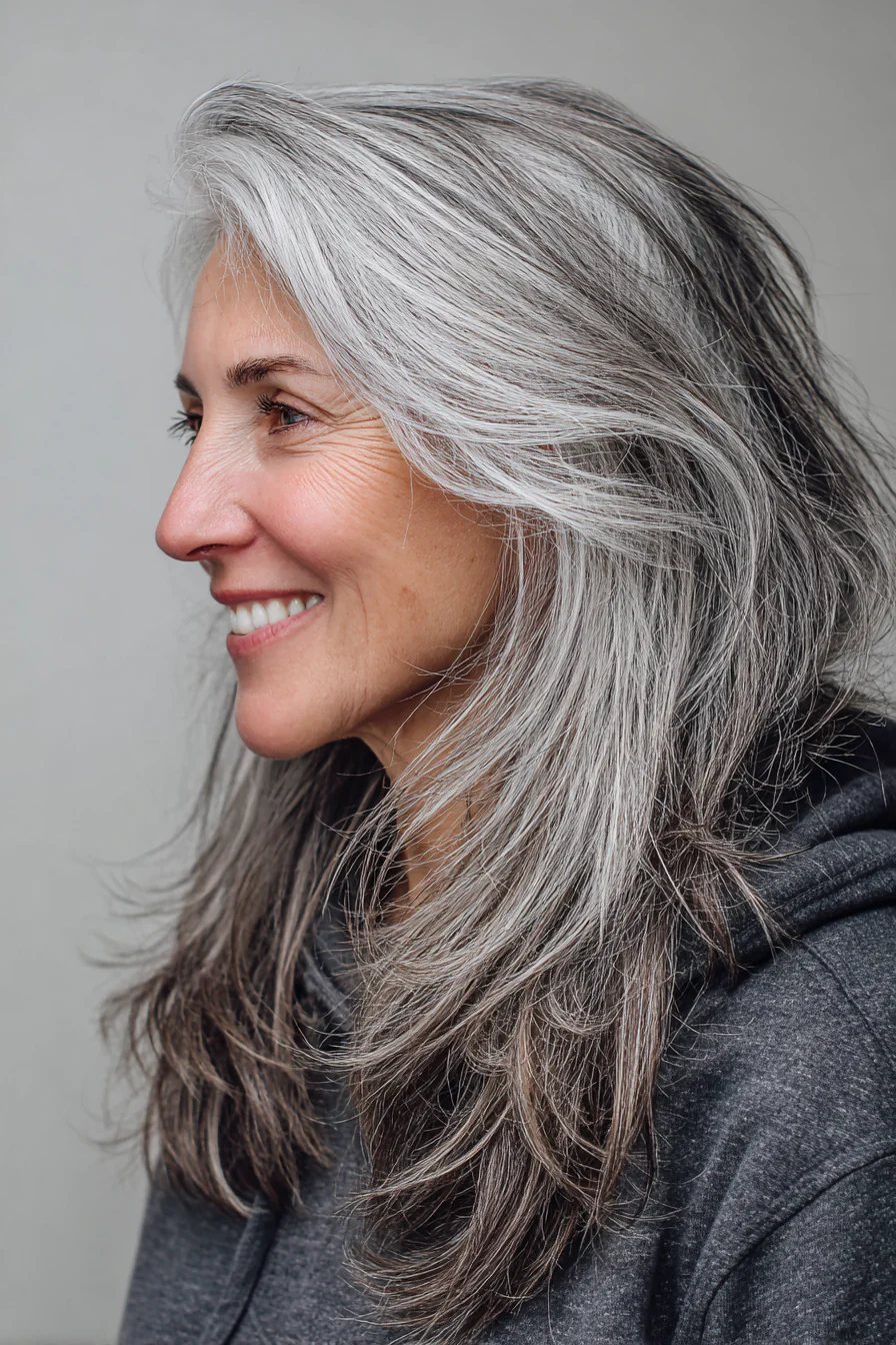 27. Langer, silberbrauner Blended Shag (Lange Shag-Frisuren für ältere Frauen) – Lange Shag-Frisuren für ältere Frauen