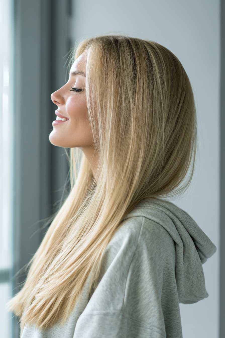 27. Lange gerade Schichten mit Perlenblond (geschichtete Frisuren) - Geschichtende Frisuren