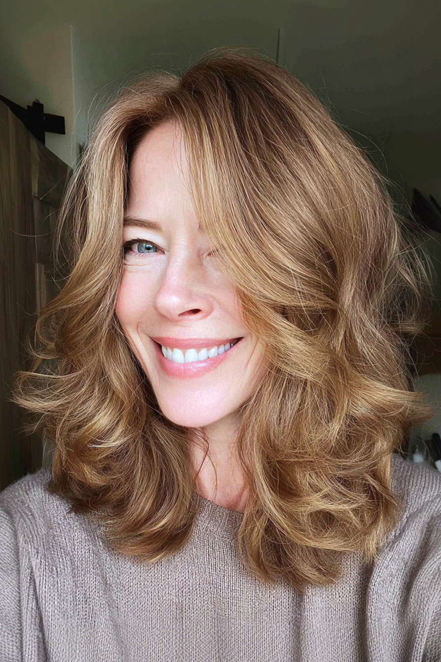 27. Mittellanger Schmetterlingsschnitt mit goldenem Bronde-Farbton (Mittellange Frisuren für Frauen über 50 mit welligem Haar) – Mittellange Frisuren für Frauen über 50 mit welligem Haar
